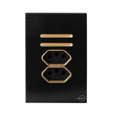 Conjunto Interruptor Duplo Simples + 2 Tomada 10a 4x2 - Novara Glass Preto Brilhante Gold